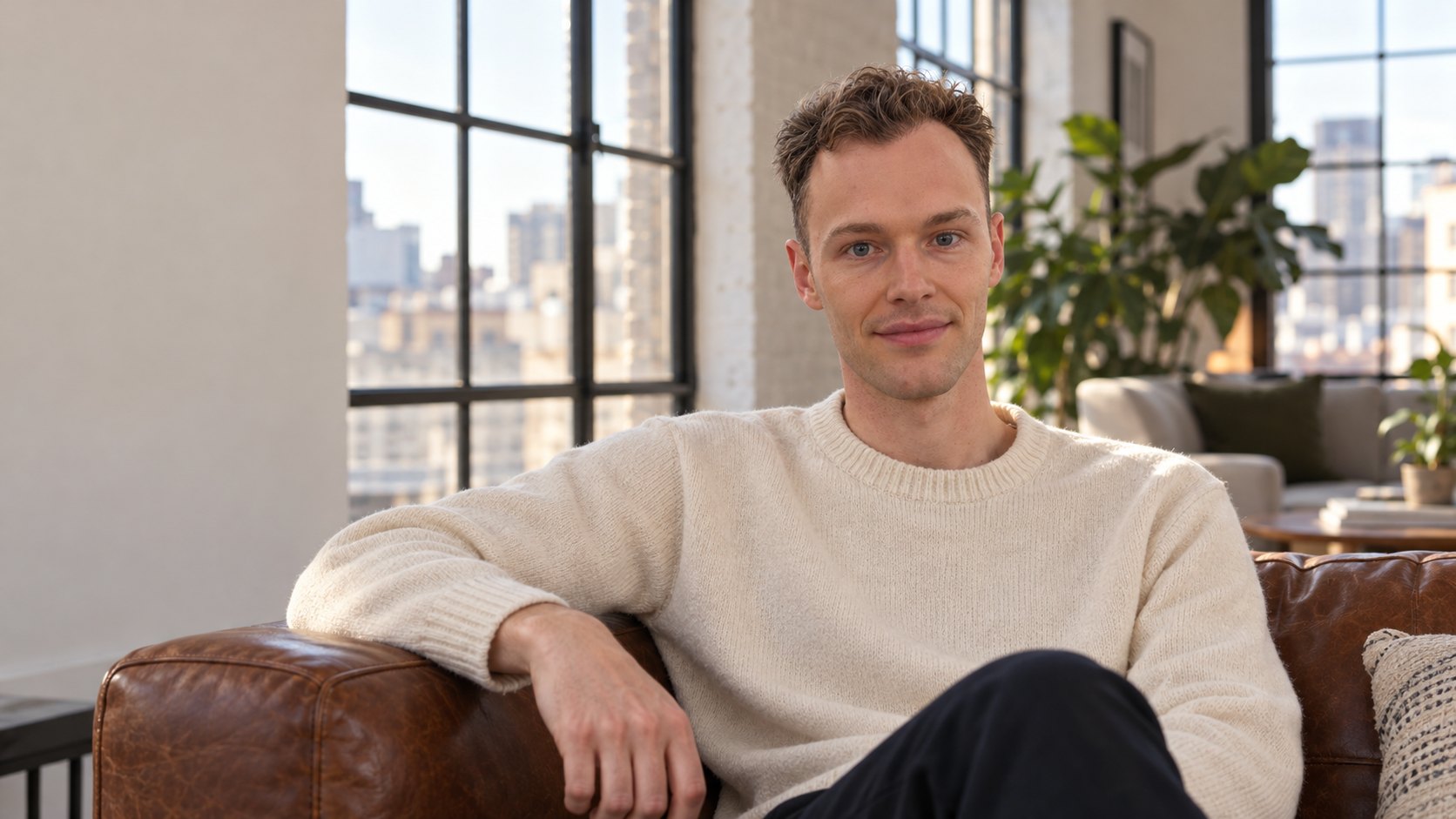 Kai Hatchman sitting on a leather sofa